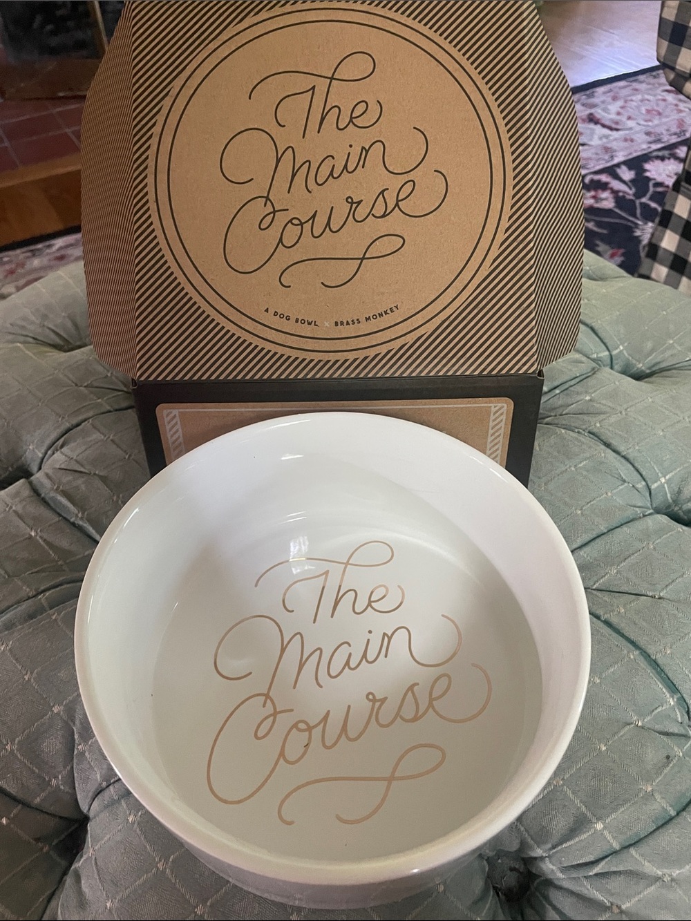 White Ceramic Dog Bowl in White with Gold Script by